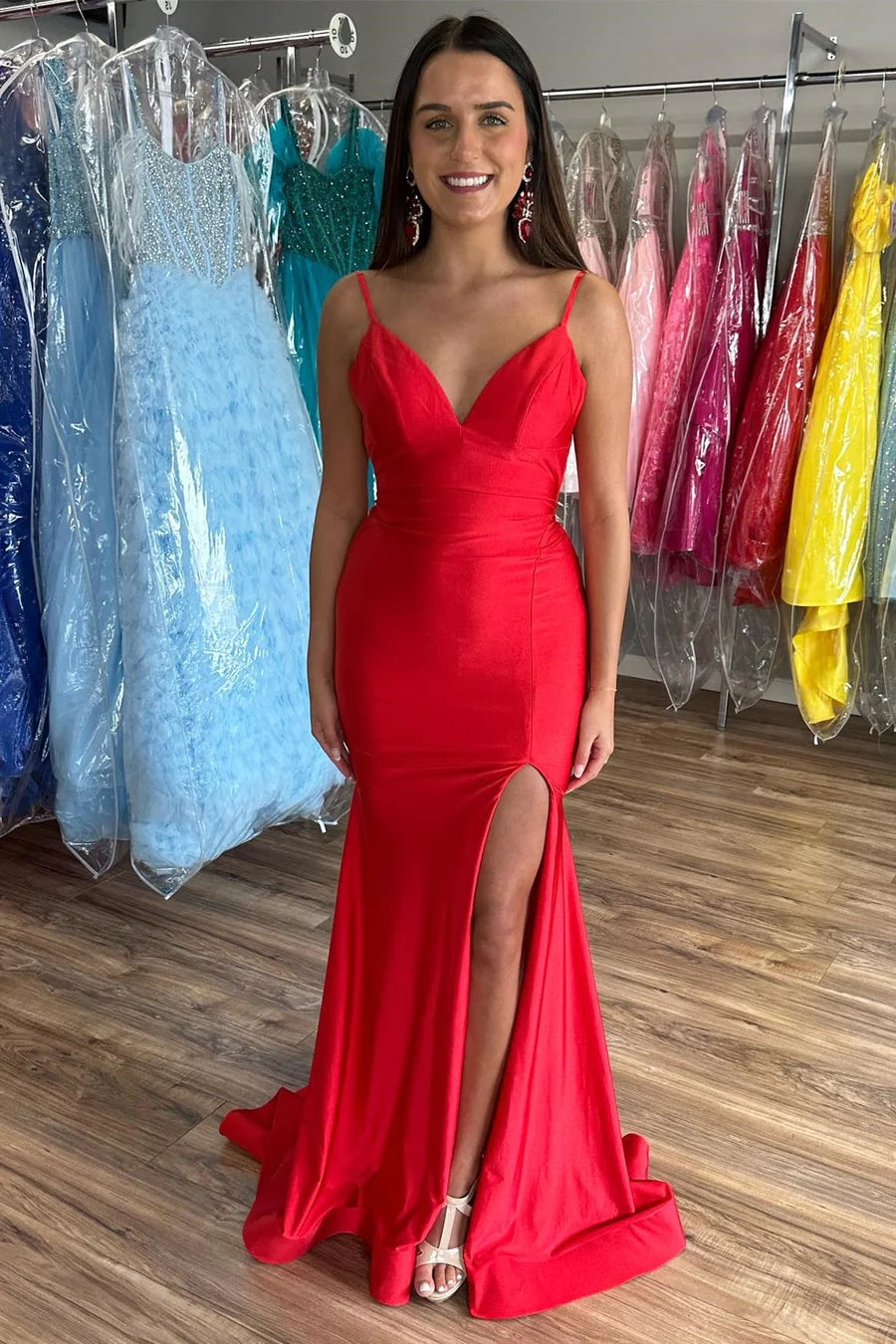 Red V-Neck Open Back Mermaid Long Prom Dress with Slit TP1233-Tirdress