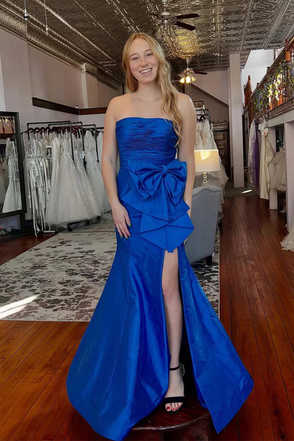 Royal Blue Mermaid Bow Satin Pleated Prom Dress with Slit TP1387-Tirdress