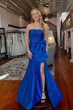 Royal Blue Mermaid Bow Satin Pleated Prom Dress with Slit TP1387-Tirdress