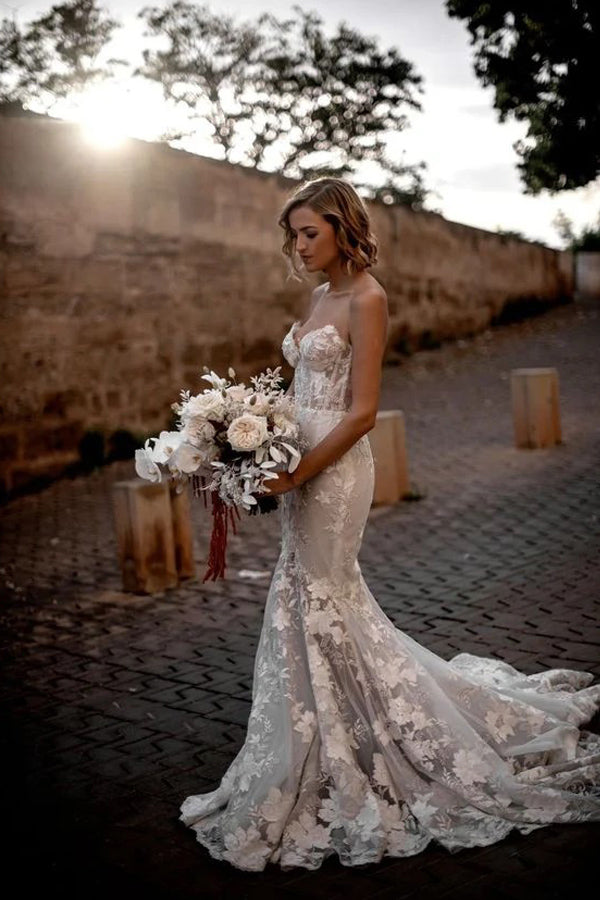 Romantic Mermaid Sweetheart Boho Wedding Dress Bridal Gown TD0020-Tirdress