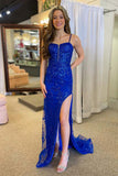 Royal Blue Plunging Neck Sparkly Prom Dresses with Straps TP1311-Tirdress