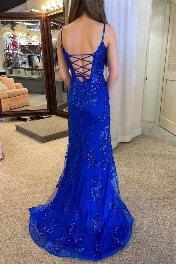 Royal Blue Plunging Neck Sparkly Prom Dresses with Straps TP1311-Tirdress