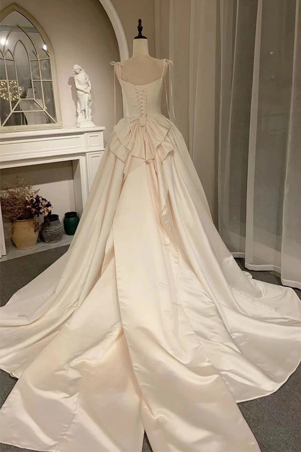 Satin Corset Simple Wedding Dress With Bow Modest Bridal Gown-Tirdress