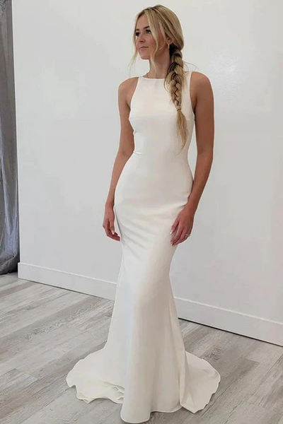 Satin Mermaid Beach Wedding Dress Simple Bridal Gowns TN371 US12 / White