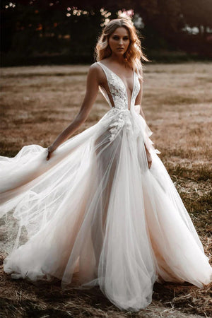 See Through A-line Deep V Neck Tulle Rustic Wedding Dress-Tirdress