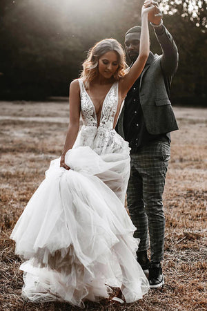 See Through A-line Deep V Neck Tulle Rustic Wedding Dress-Tirdress