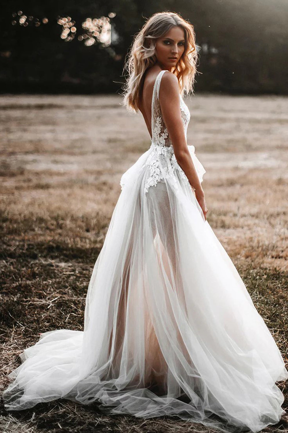 See Through A-line Deep V Neck Tulle Rustic Wedding Dress-Tirdress