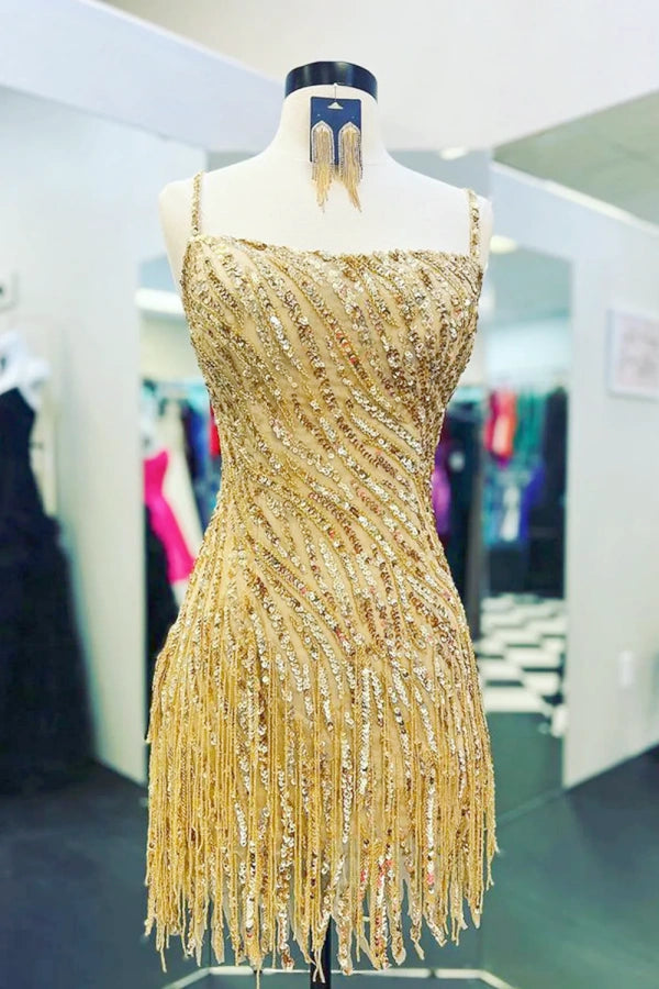 Sheath Gold/Blue Straps Sequins Short Homecoming Dress with Tassel TN443-Tirdresses