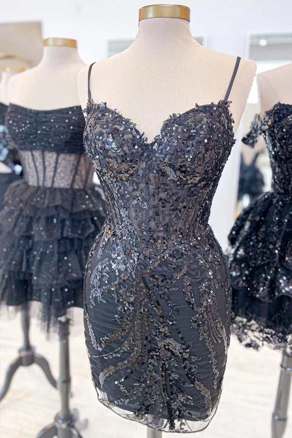 Sheath Spaghetti Straps Corset Homecoming Dress with Sequins TN434-Tirdress
