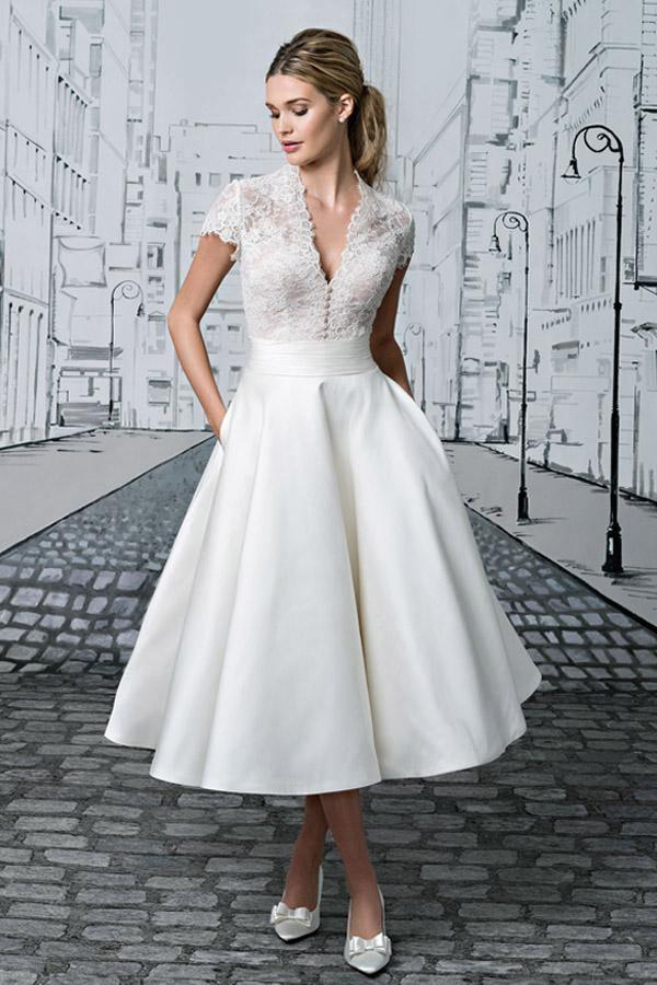 Short Wedding Dresses V-Neck Lace Tea-Length Ivory Modest Bridal Gown TN351-Tirdress