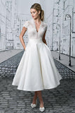 Short Wedding Dresses V-Neck Lace Tea-Length Ivory Modest Bridal Gown TN351-Tirdress