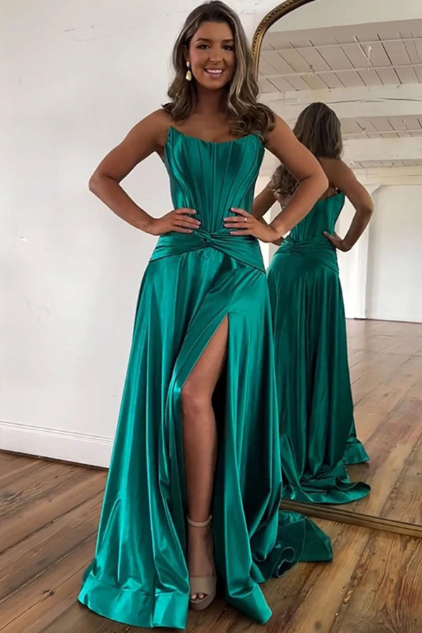 Simple A Line Strapless Green Corset Prom Dress with Split TP1275-Tirdress