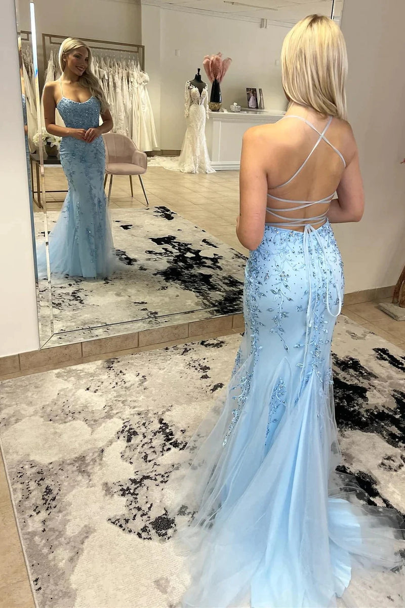 Sky Blue Trumpet Spaghetti Straps Long Prom Dresses With Lace  TP1247-Tirdress