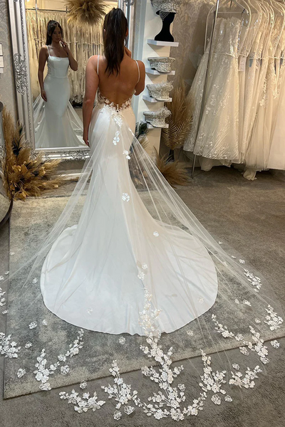 Mermaid Wedding Dress With Spaghetti Straps & Backless Lace Design - Beach Bridal Gown With Train Mermaid Wedding Dress With Spaghetti Straps & Backless Lace Design - Beach Bridal Gown With Train