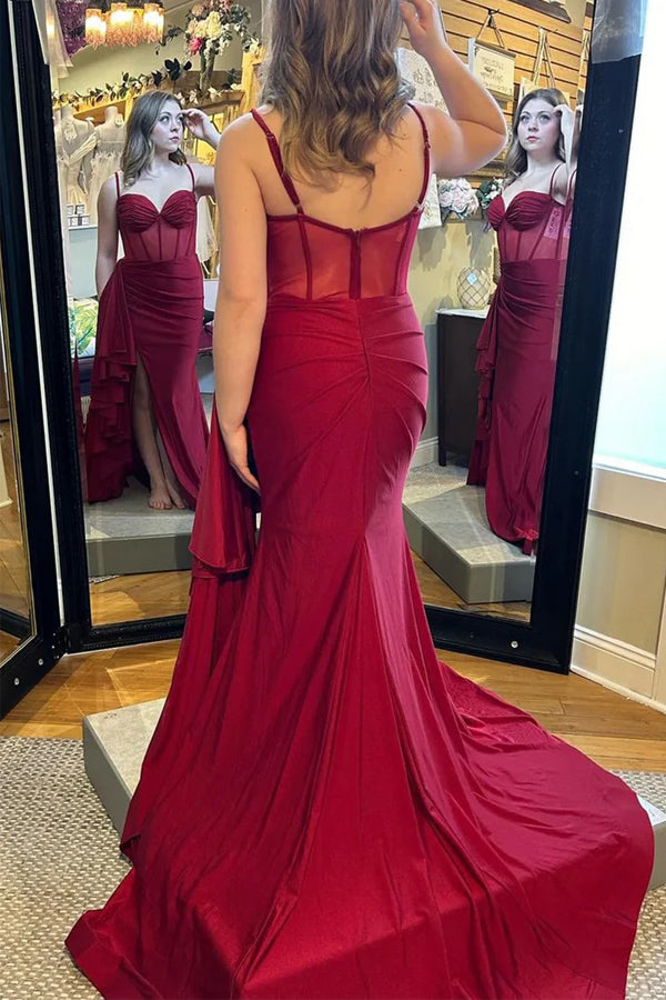 Spaghetti Straps Mermaid Burgundy Long Prom Dress TP1332-Tirdress
