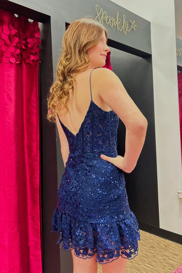 Spaghetti Straps Sweetheart Lace Empire Navy Blue Homecoming Dress-Tirdress