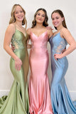 Spaghetti Mermaid Backless Green Strap Trumpet Long Prom Dress TP1366-Tirdresses