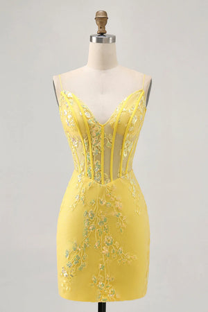 Sparkly Corset Tight Short Floral Yellow Homecoming Dress Party Dress-Tirdress