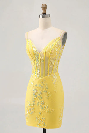 Sparkly Corset Tight Short Floral Yellow Homecoming Dress Party Dress-Tirdress