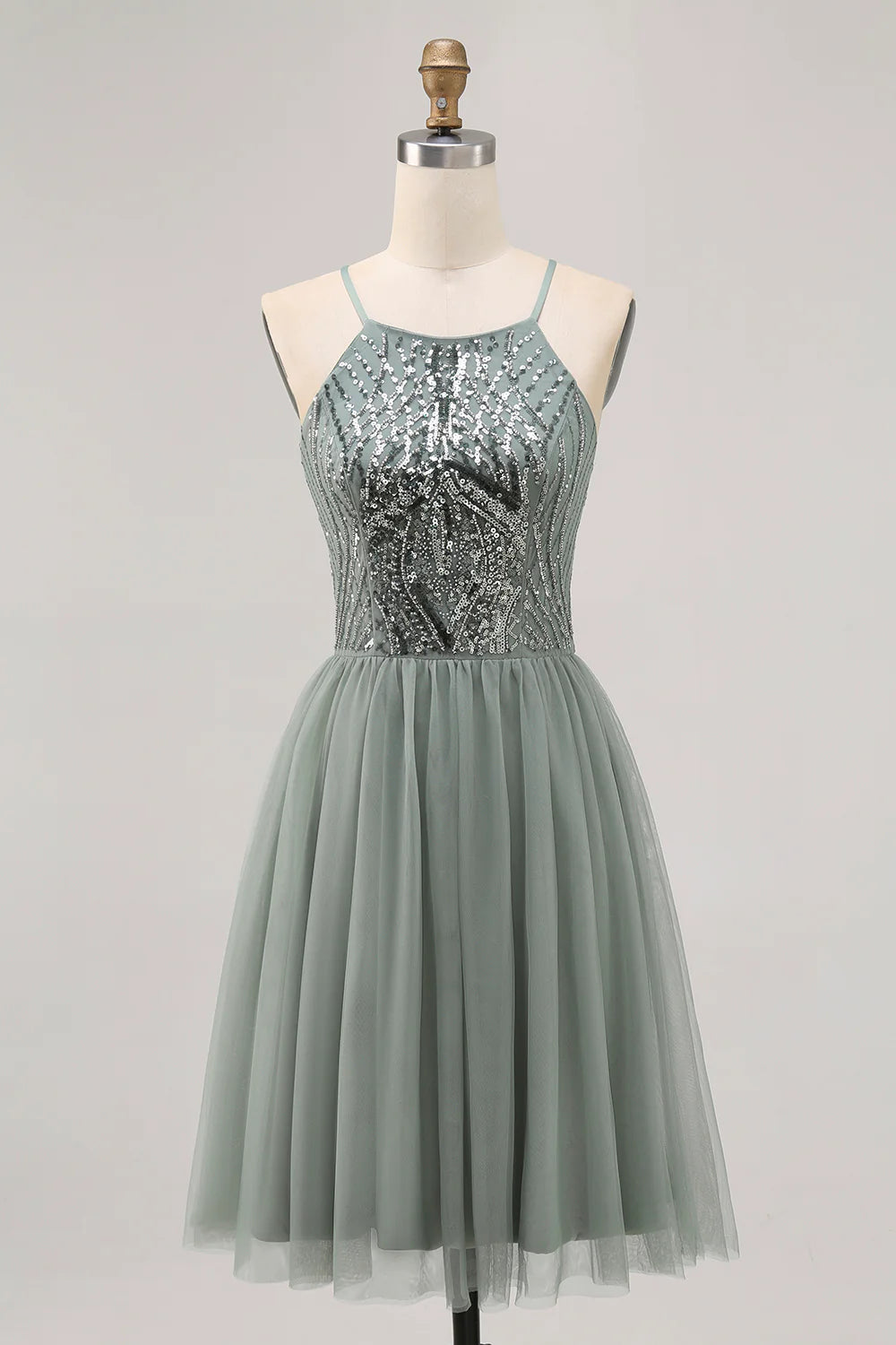 Sparkly Grey Green Tulle Halter Short Homecoming Dress with Beading-Tirdress