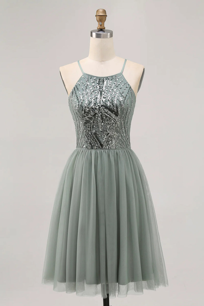 Sparkly Grey Green Tulle Halter Short Homecoming Dress with Beading-Tirdress