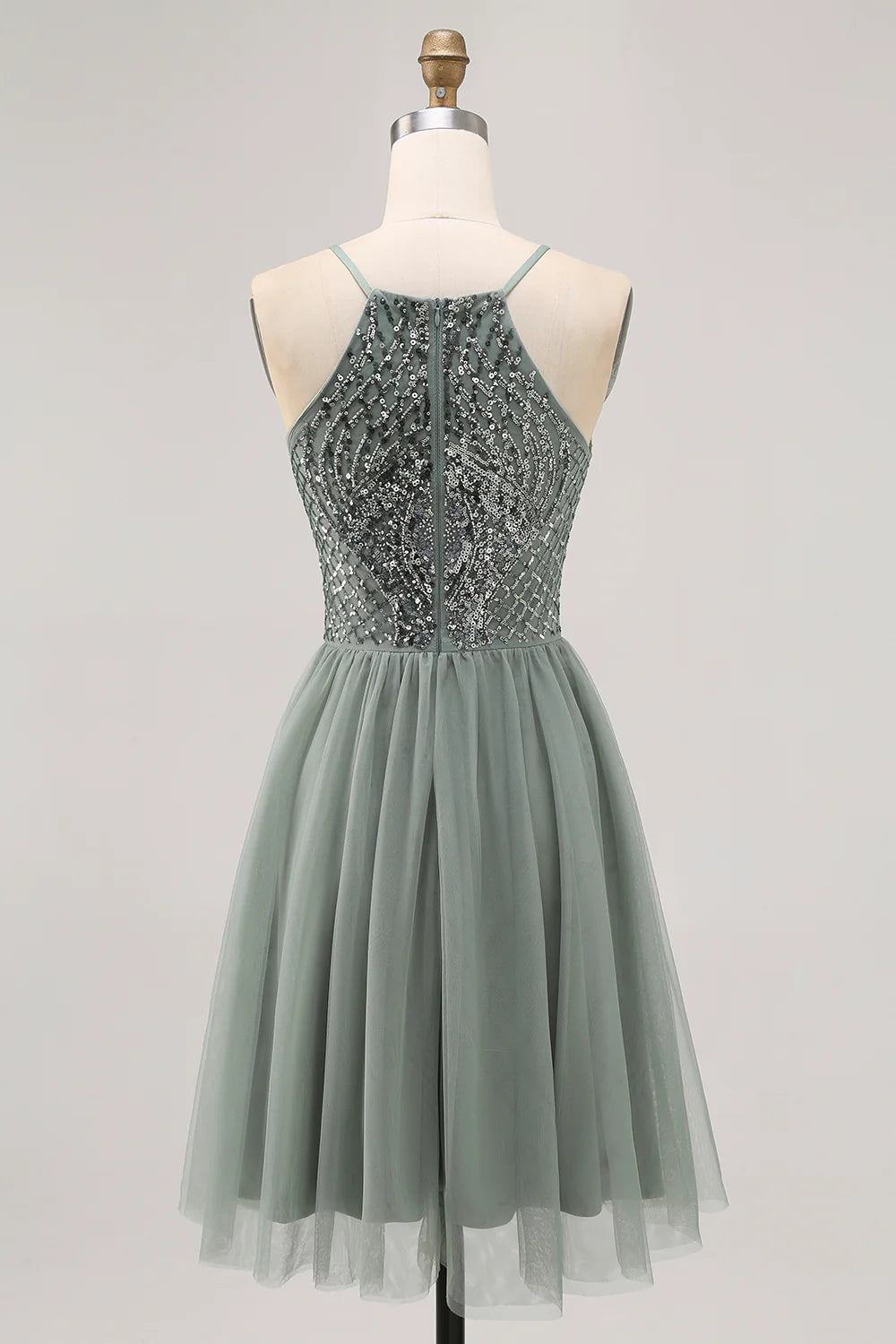 Sparkly Grey Green Tulle Halter Short Homecoming Dress with Beading-Tirdress