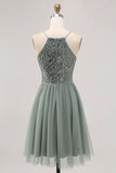 Sparkly Grey Green Tulle Halter Short Homecoming Dress with Beading-Tirdress