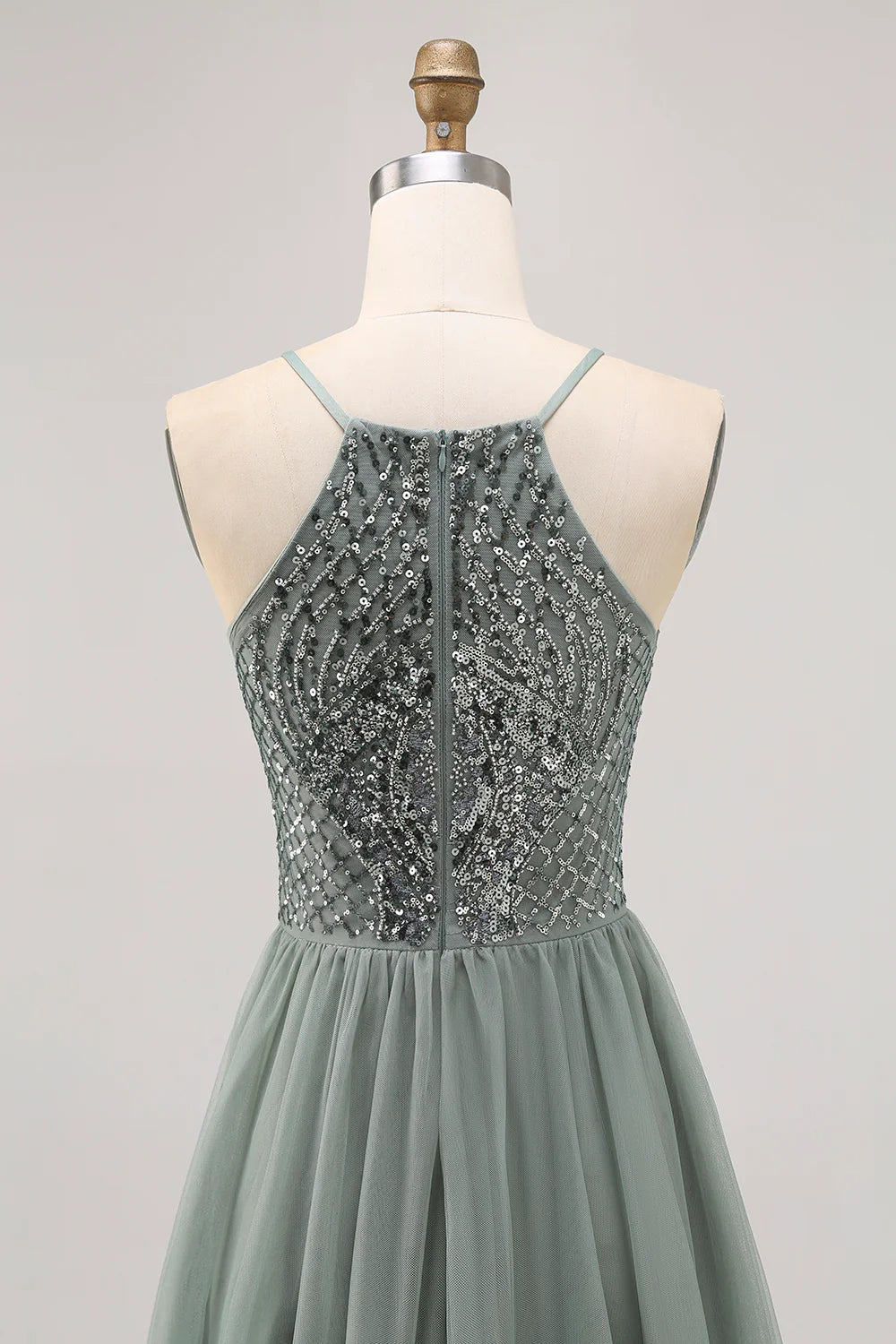 Sparkly Grey Green Tulle Halter Short Homecoming Dress with Beading-Tirdress