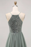 Sparkly Grey Green Tulle Halter Short Homecoming Dress with Beading-Tirdress