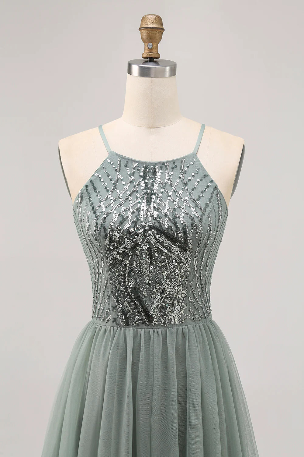 Sparkly Grey Green Tulle Halter Short Homecoming Dress with Beading-Tirdress