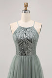 Sparkly Grey Green Tulle Halter Short Homecoming Dress with Beading-Tirdress