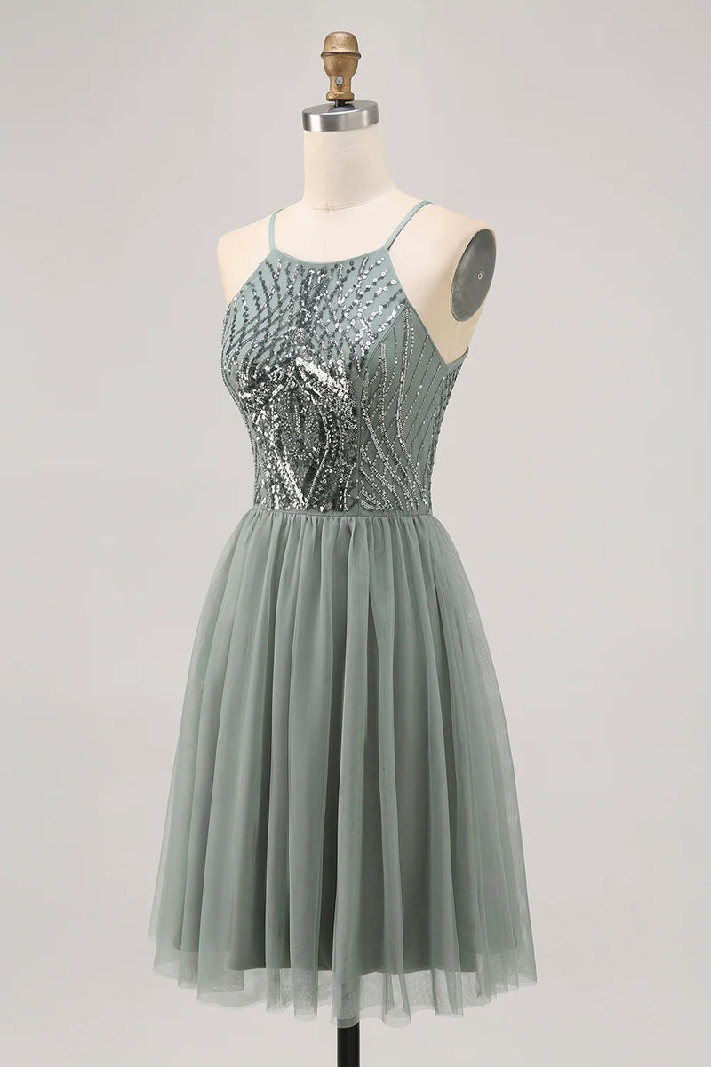 Sparkly Grey Green Tulle Halter Short Homecoming Dress with Beading-Tirdress