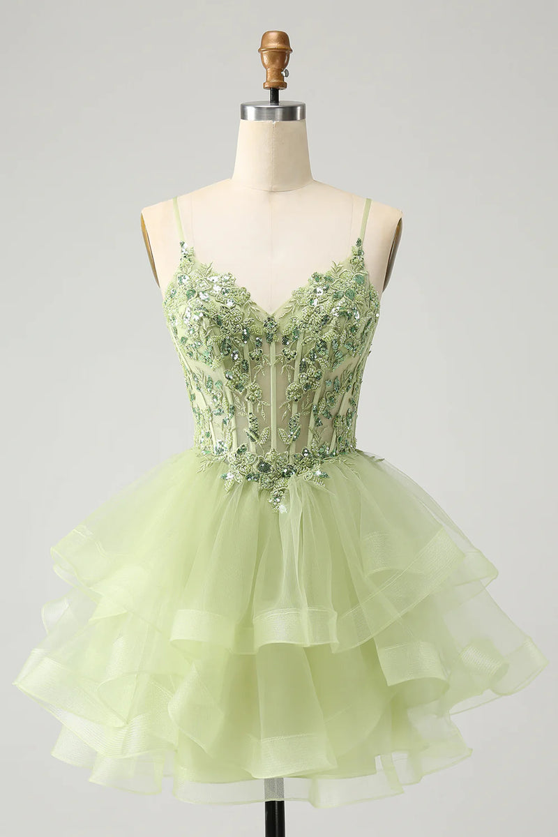 Sparkly Light Green Corset Short Homecoming Dress with Appliques-Tirdress