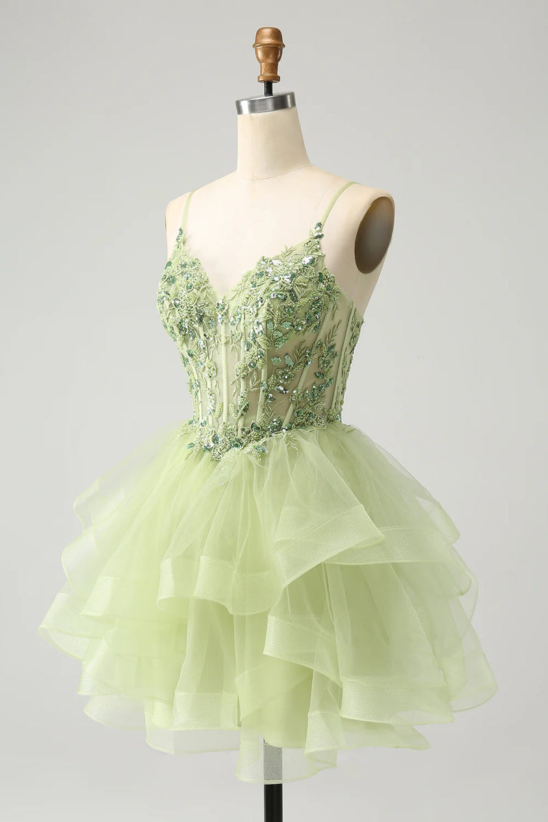 Sparkly Light Green Corset Short Homecoming Dress with Appliques-Tirdress