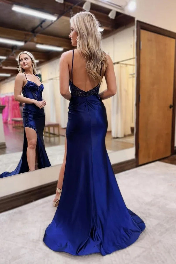 Sparkly Mermaid Beaded Corset Navy Blue Long Prom Dress TP1361-Tirdress