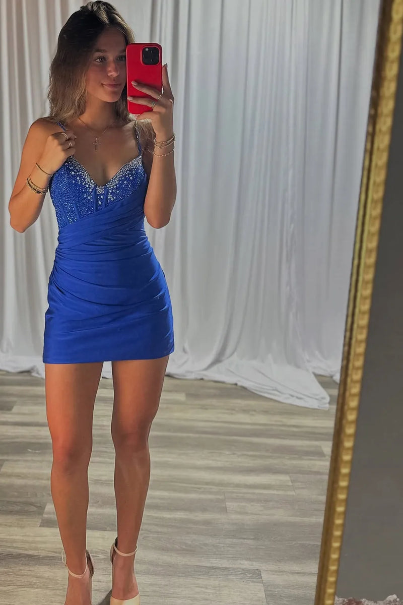 Sparkly Royal Blue Bodycon V Neck Short Corset Homecoming Dress-Tirdress
