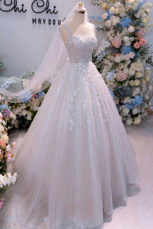 Sparkly Square Neck Floral Beaded Tulle Princess Wedding Dress-Tirdress