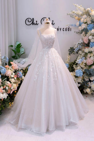 Sparkly Square Neck Floral Beaded Tulle Princess Wedding Dress-Tirdress