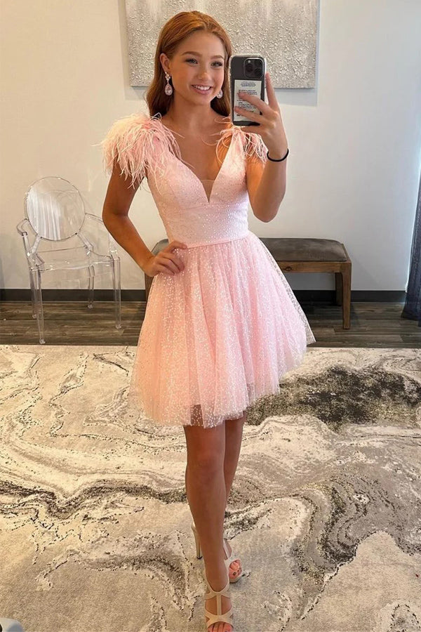 Sparkly V-Neck A-Line Pink Homecoming Dress with Feathers TN414-Tirdress