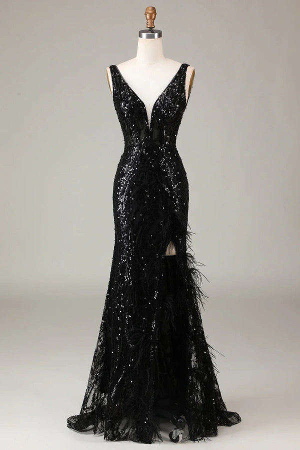 Sparkly Black Depp V-neck sequins Mermaid Prom Dress TP1378-Tirdress