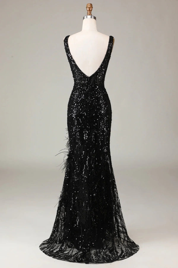 Sparkly Black Depp V-neck sequins Mermaid Prom Dress TP1378-Tirdress
