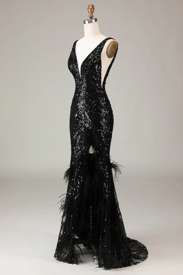 Sparkly Black Depp V-neck sequins Mermaid Prom Dress TP1378-Tirdress