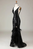 Sparkly Black Depp V-neck sequins Mermaid Prom Dress TP1378-Tirdress