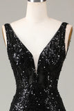 Sparkly Black Depp V-neck sequins Mermaid Prom Dress TP1378-Tirdress