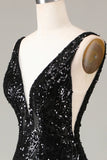 Sparkly Black Depp V-neck sequins Mermaid Prom Dress TP1378-Tirdress