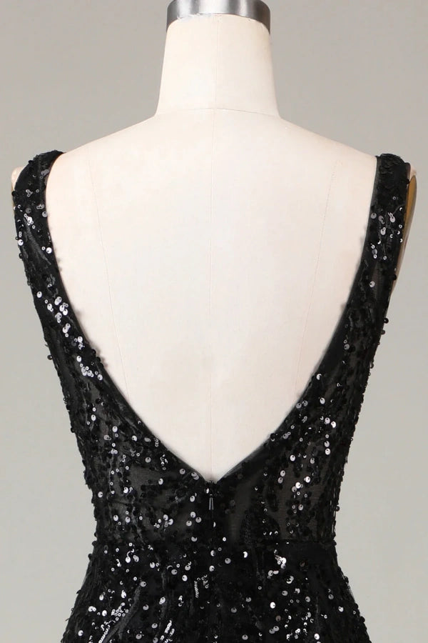 Sparkly Black Depp V-neck sequins Mermaid Prom Dress TP1378-Tirdress
