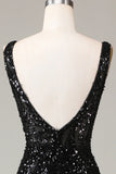 Sparkly Black Depp V-neck sequins Mermaid Prom Dress TP1378-Tirdress