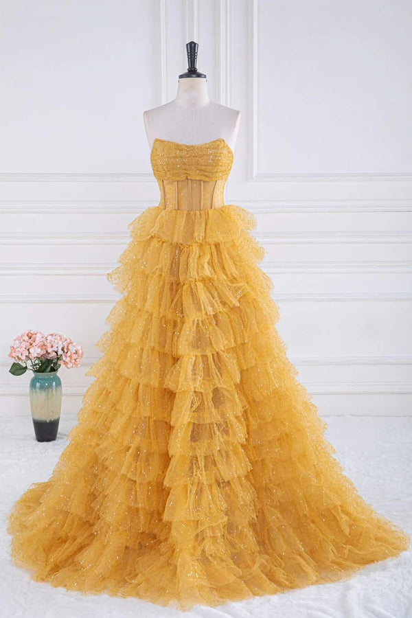 Sparkly Tulle Tiered Ruffles Gold Prom Dress Strapless Evening Dress TP1316-Tirdress
