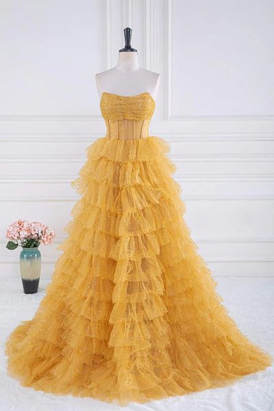 yellow gold prom dress LaDivine CD340 Long Slit Pleated Formal Beaded polished look Gold Prom Dresses | Prom