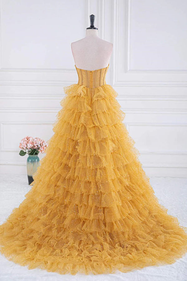 Sparkly Tulle Tiered Ruffles Gold Prom Dress Strapless Evening Dress TP1316-Tirdress
